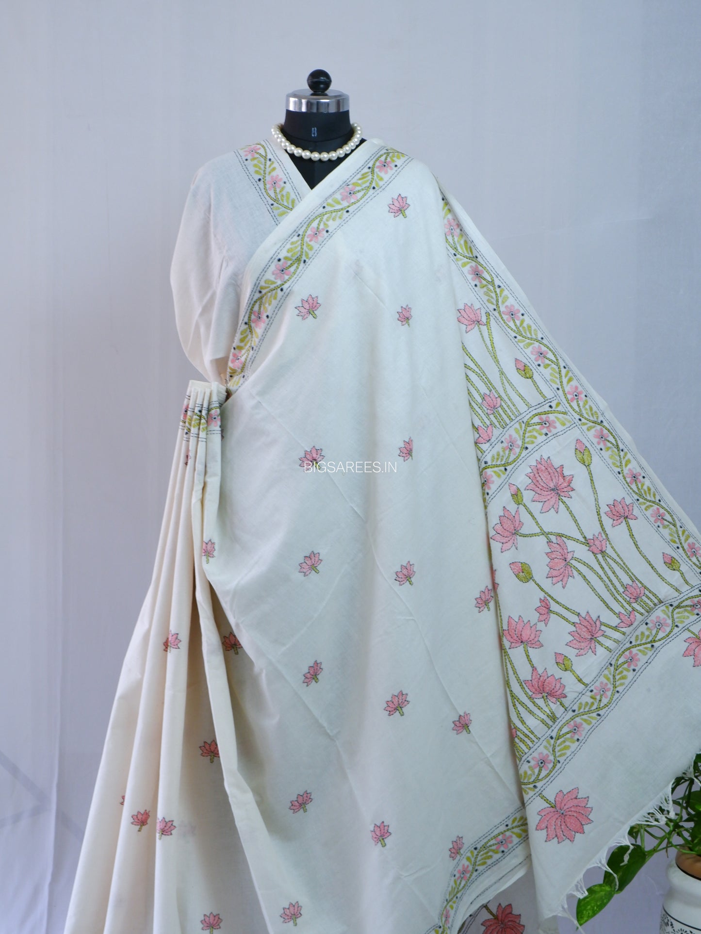 Kantha Hand-Embroidered Saree | Pure Khadi Cotton | White