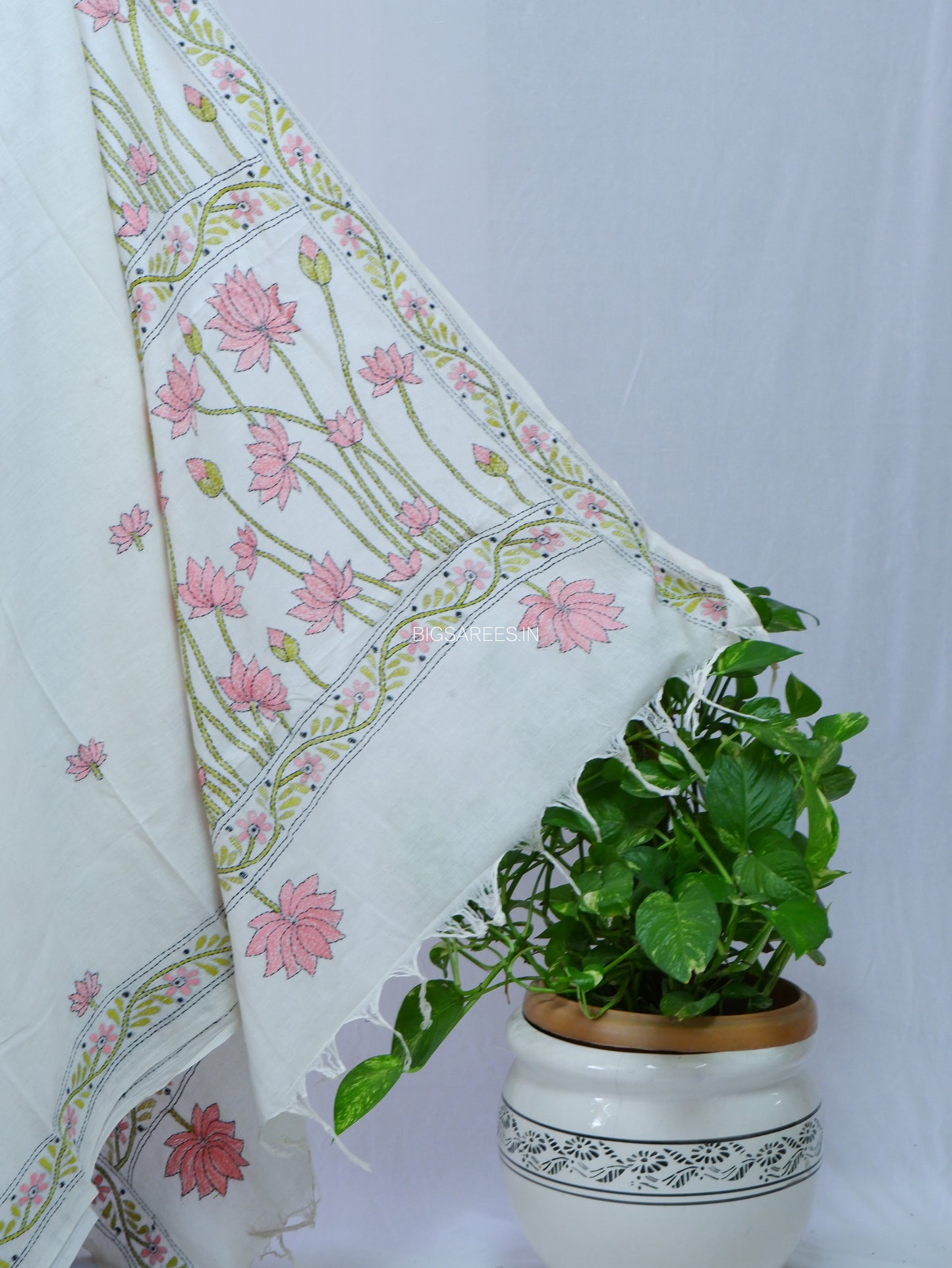 Kantha Hand-Embroidered Saree | Pure Khadi Cotton | White