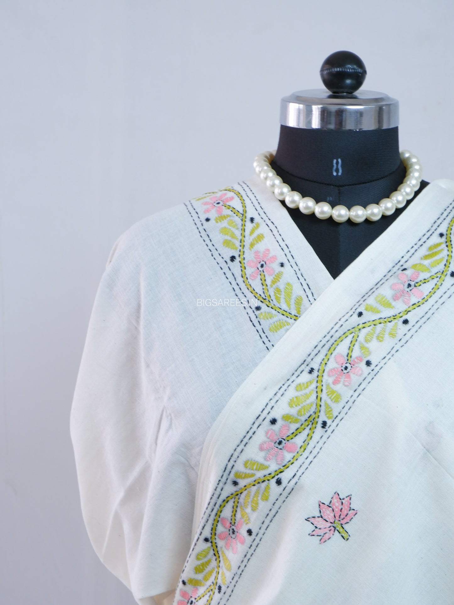 Kantha Hand-Embroidered Saree | Pure Khadi Cotton | White