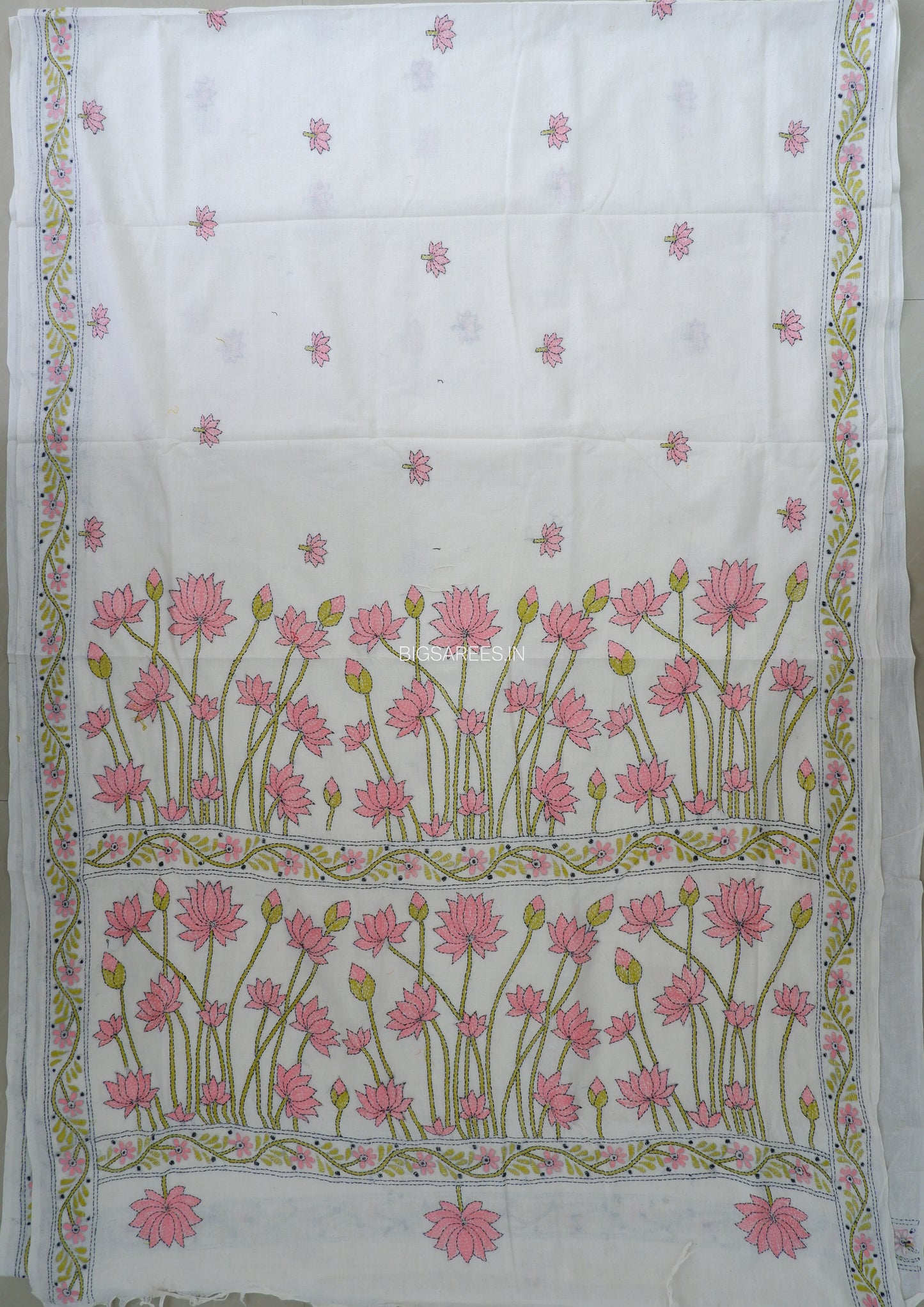 Kantha Hand-Embroidered Saree | Pure Khadi Cotton | White