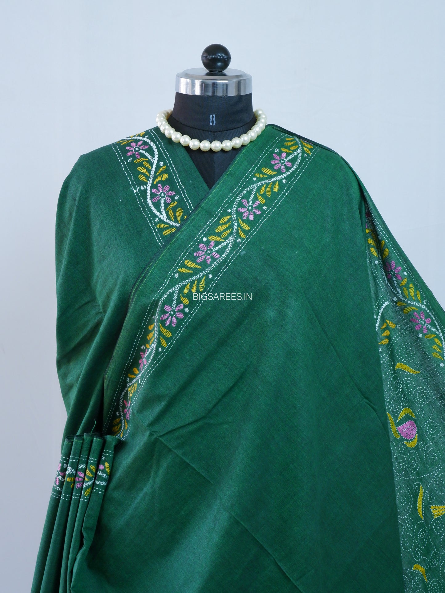 Kantha Hand-Embroidered Saree | Pure Khadi Cotton | Dark Green
