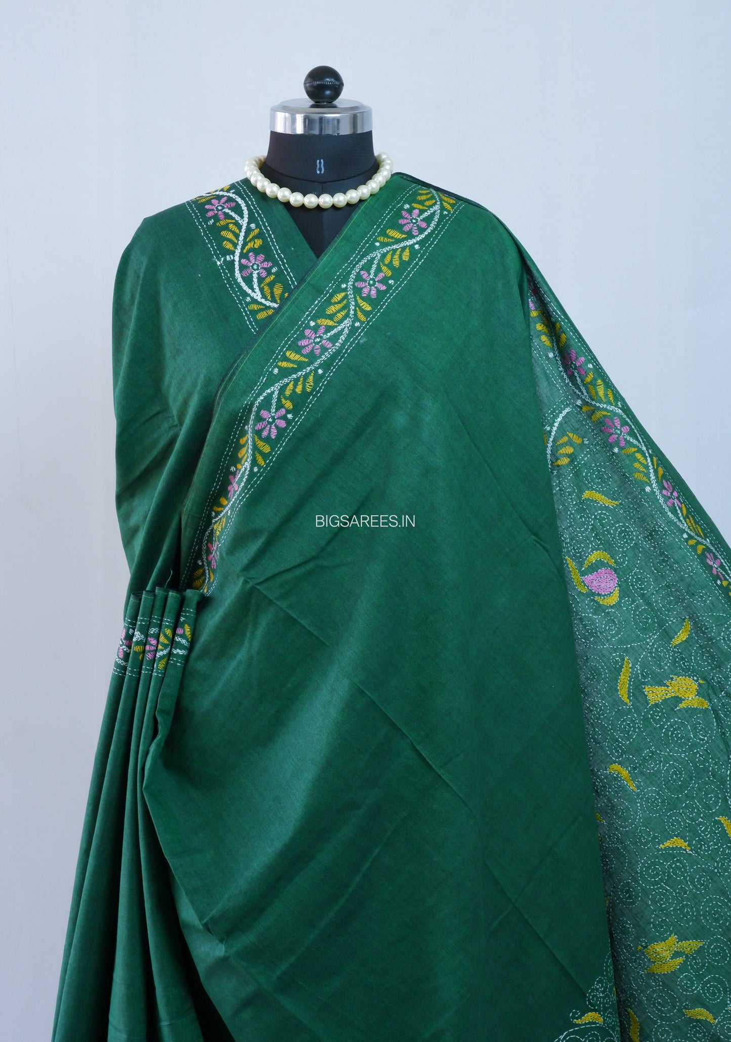 Kantha Hand-Embroidered Saree | Pure Khadi Cotton | Dark Green
