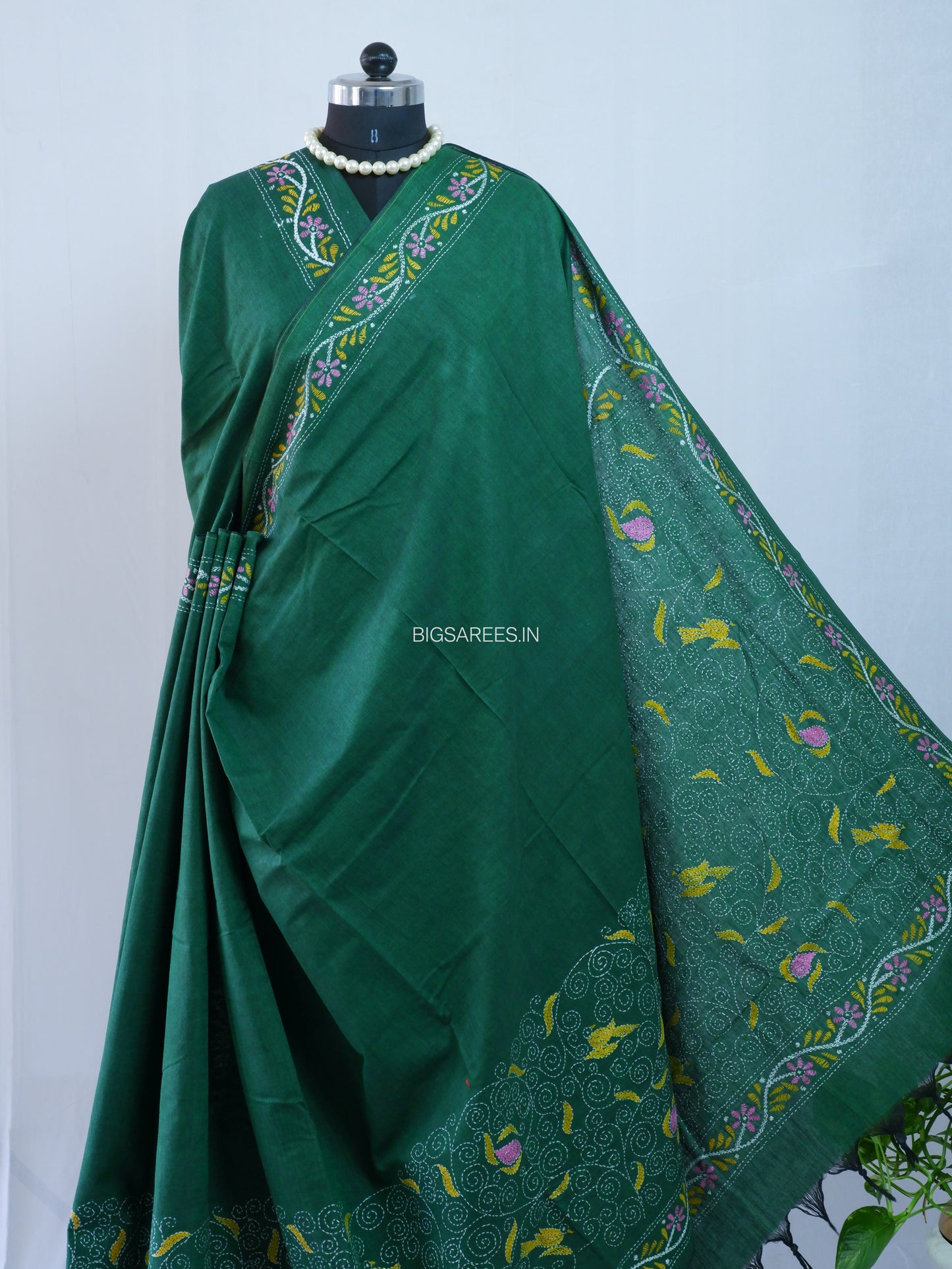Kantha Hand-Embroidered Saree | Pure Khadi Cotton | Dark Green