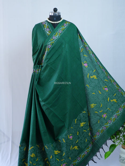 Kantha Hand-Embroidered Saree | Pure Khadi Cotton | Dark Green