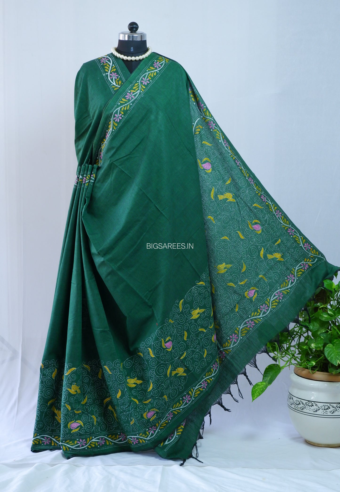 Kantha Hand-Embroidered Saree | Pure Khadi Cotton | Dark Green