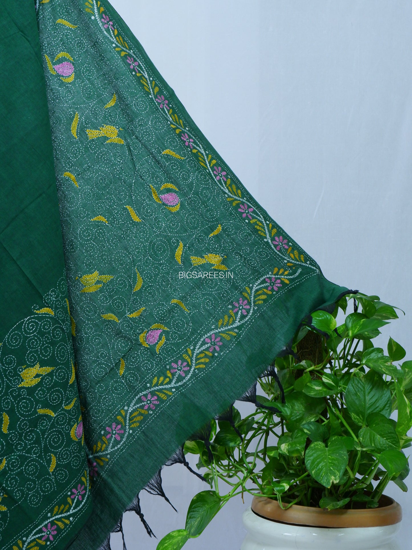 Kantha Hand-Embroidered Saree | Pure Khadi Cotton | Dark Green