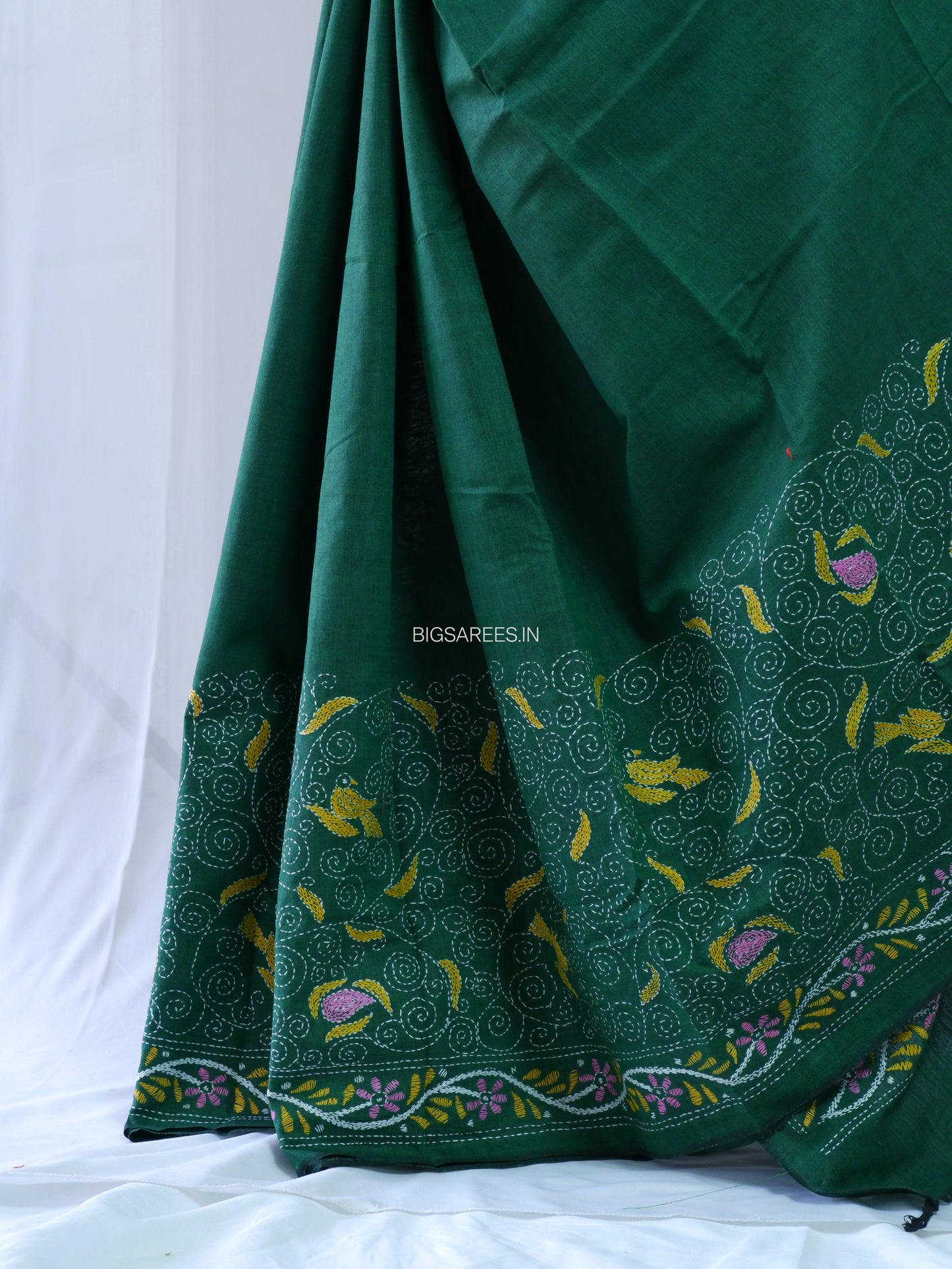 Kantha Hand-Embroidered Saree | Pure Khadi Cotton | Dark Green