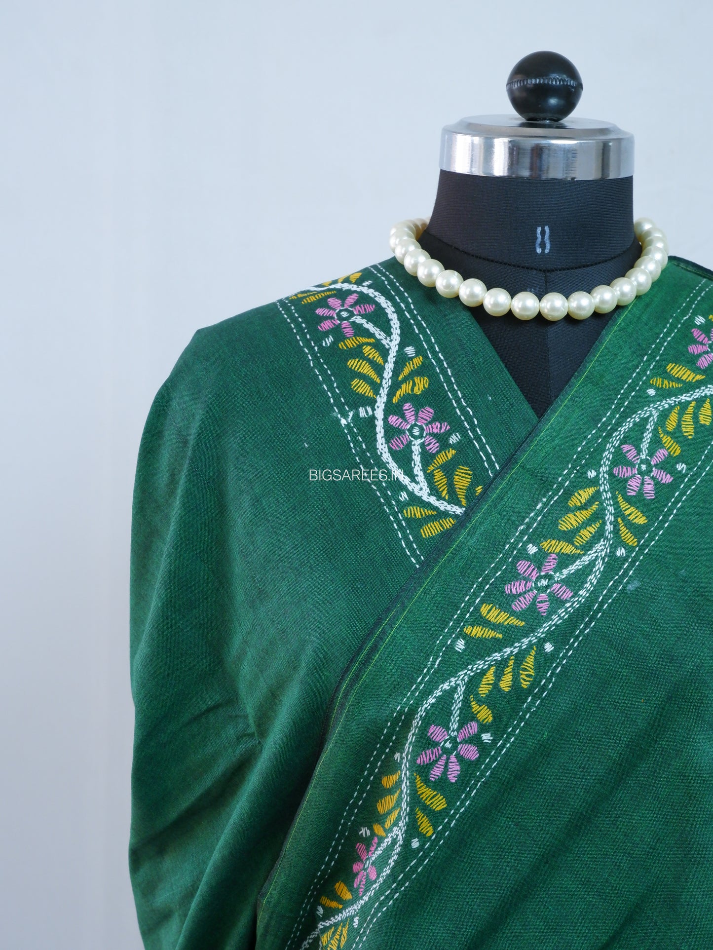 Kantha Hand-Embroidered Saree | Pure Khadi Cotton | Dark Green