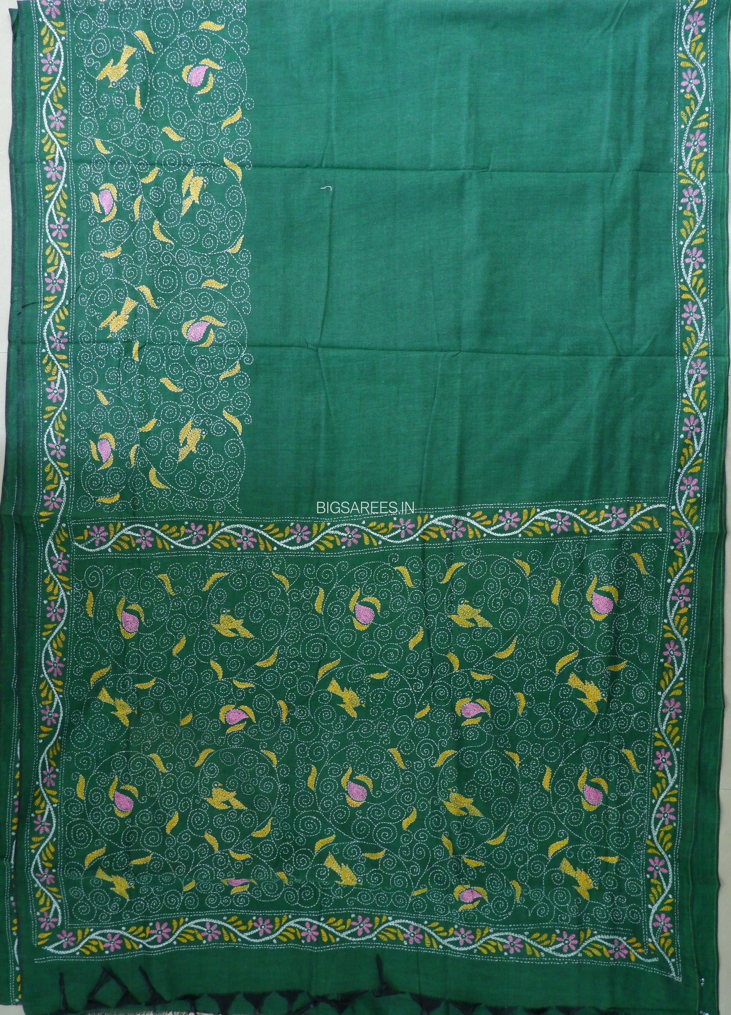 Kantha Hand-Embroidered Saree | Pure Khadi Cotton | Dark Green