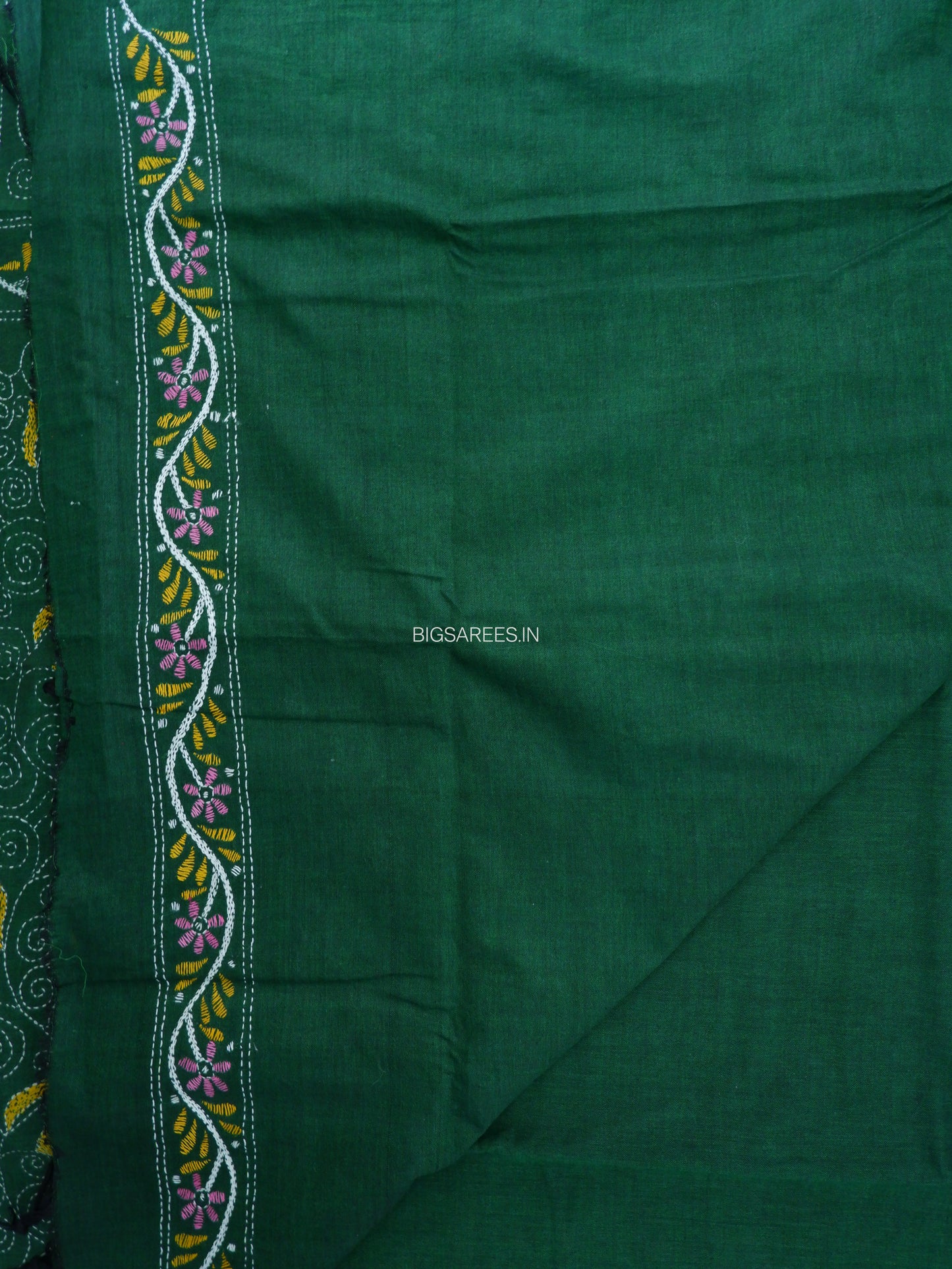Kantha Hand-Embroidered Saree | Pure Khadi Cotton | Dark Green