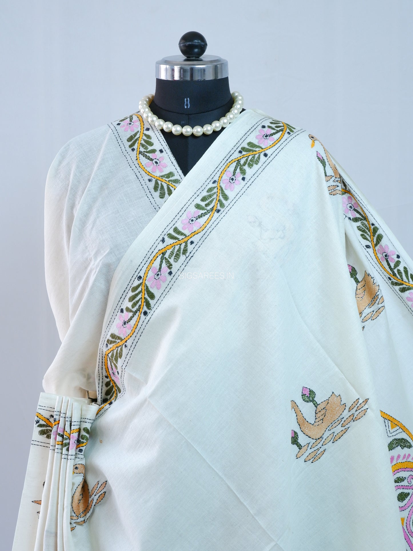Kantha Hand-Embroidered Saree | Pure Khadi Cotton | White