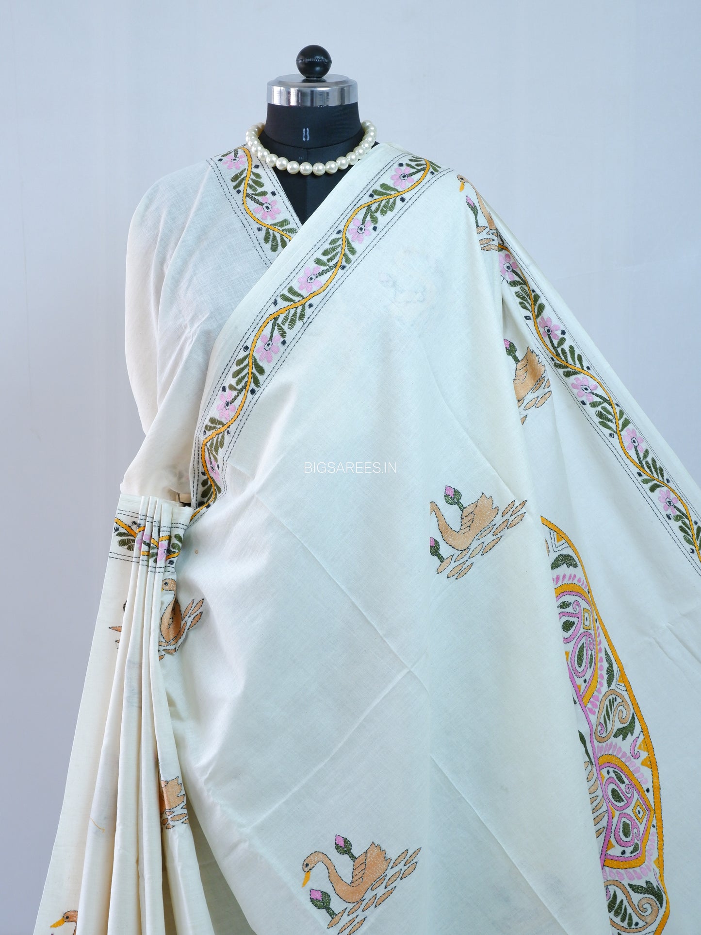 Kantha Hand-Embroidered Saree | Pure Khadi Cotton | White