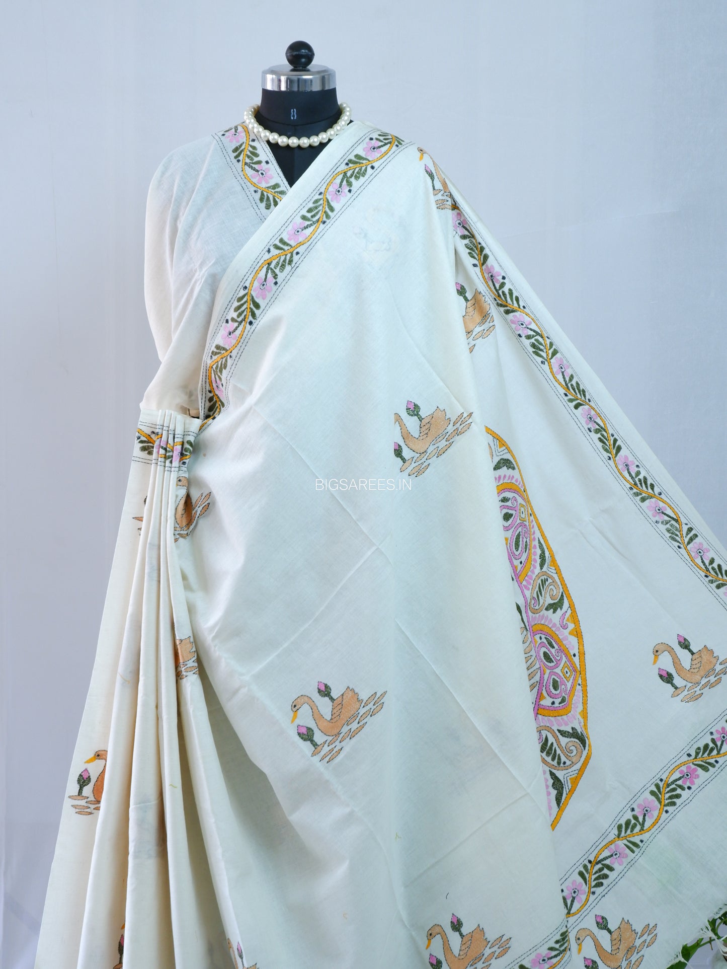 Kantha Hand-Embroidered Saree | Pure Khadi Cotton | White