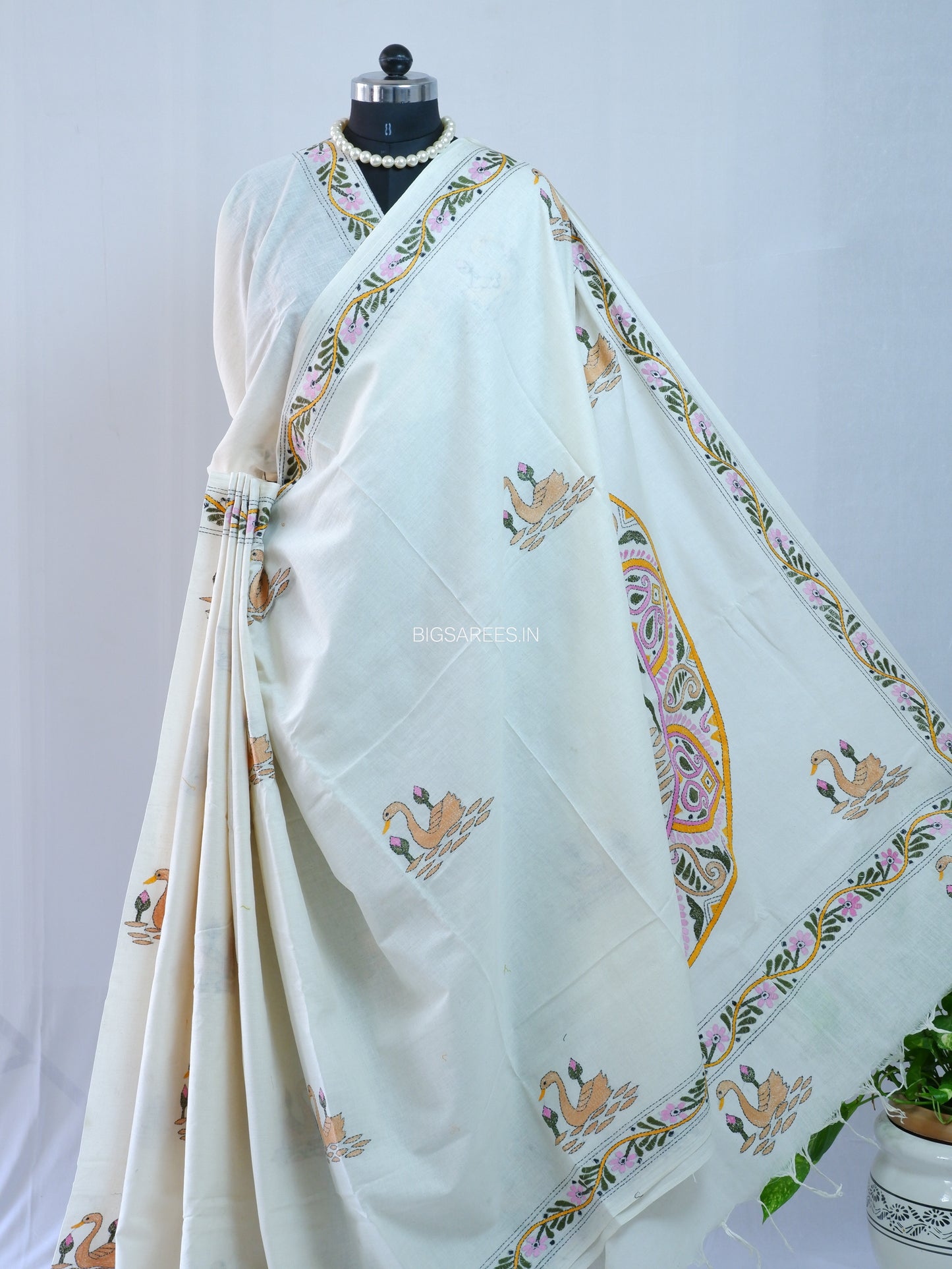 Kantha Hand-Embroidered Saree | Pure Khadi Cotton | White