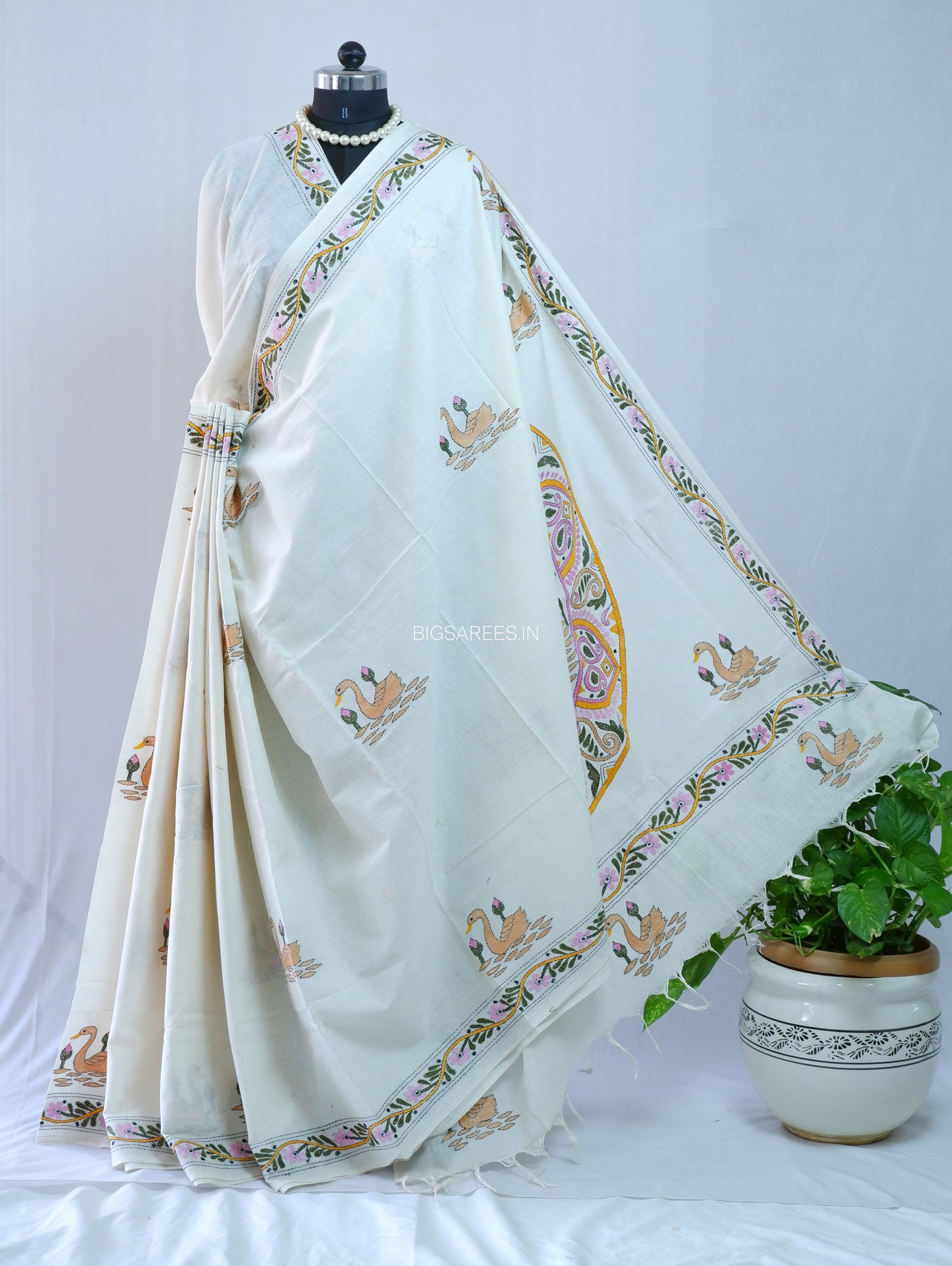 Kantha Hand-Embroidered Saree | Pure Khadi Cotton | White