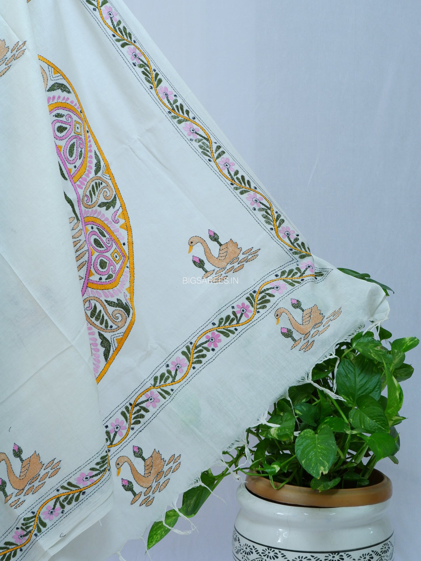 Kantha Hand-Embroidered Saree | Pure Khadi Cotton | White
