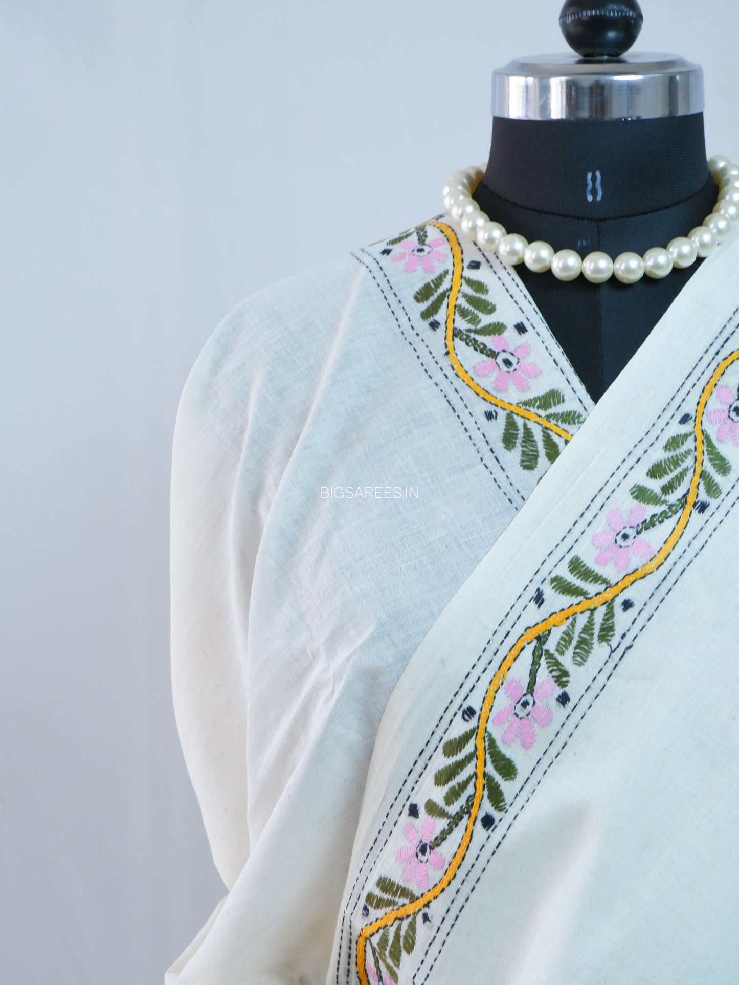 Kantha Hand-Embroidered Saree | Pure Khadi Cotton | White