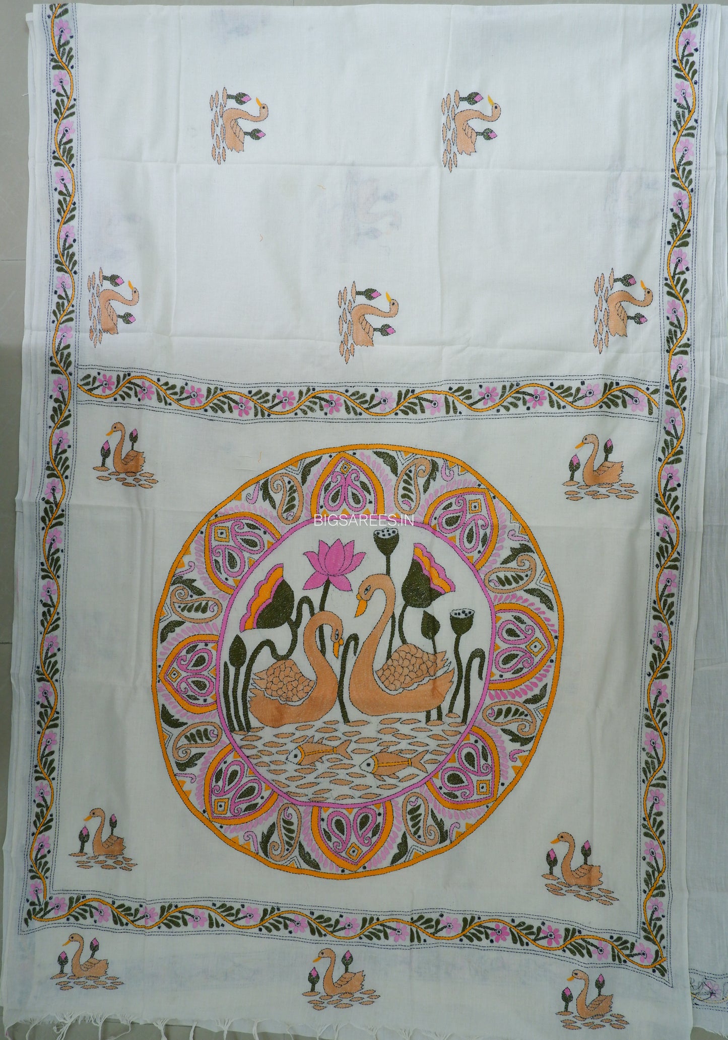 Kantha Hand-Embroidered Saree | Pure Khadi Cotton | White