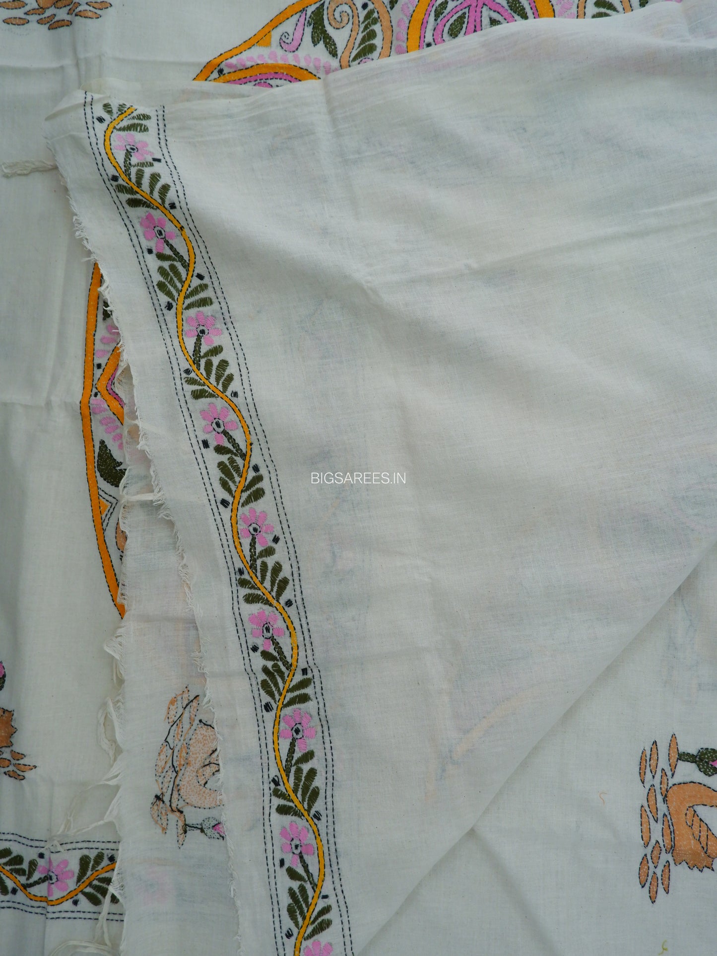 Kantha Hand-Embroidered Saree | Pure Khadi Cotton | White