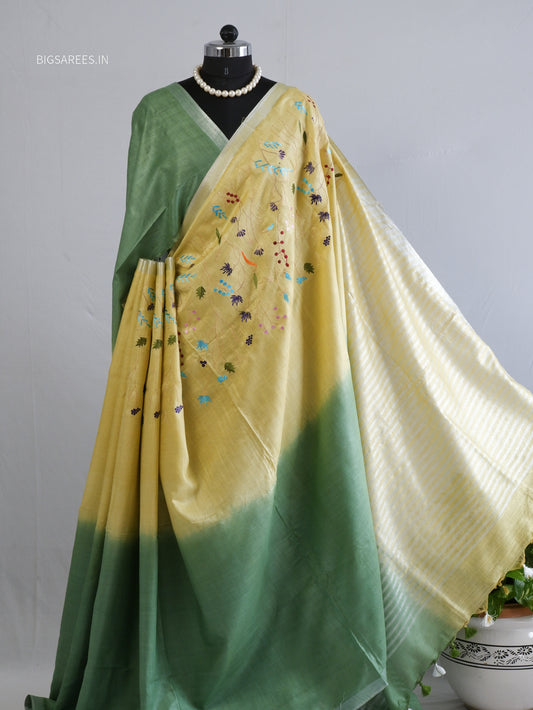 Hand-Embroidered Linen Saree | Cotton Linen | Dual Tone (Green/Yellow)