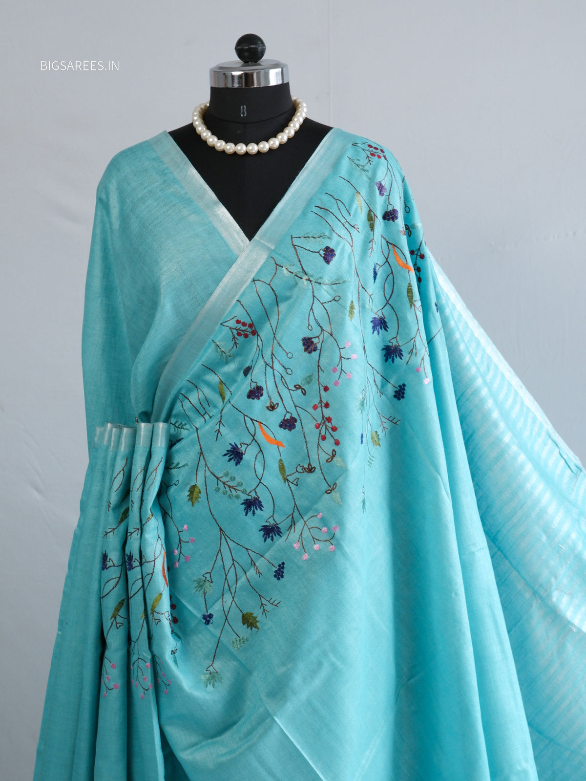 Hand-Embroidered Linen Saree | Cotton Linen | Light Blue