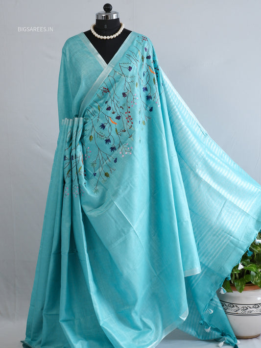 Hand-Embroidered Linen Saree | Cotton Linen | Light Blue