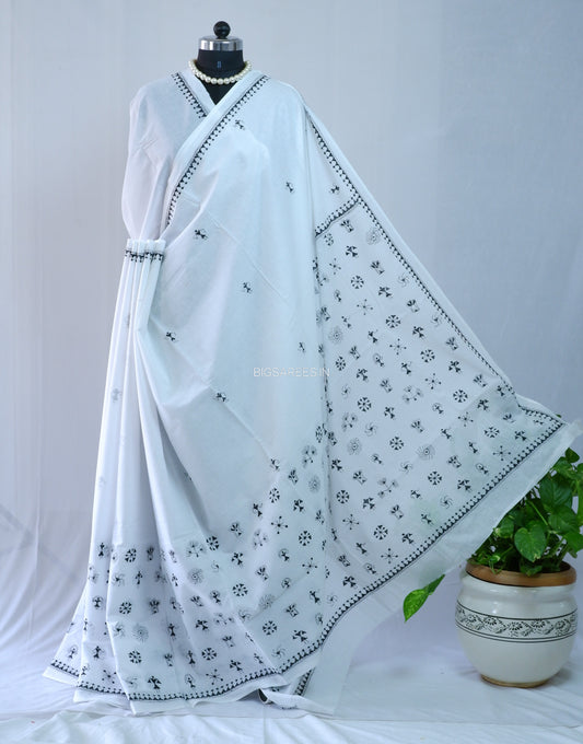Kantha Hand-Embroidered Saree | Pure Mal Mal Cotton | White
