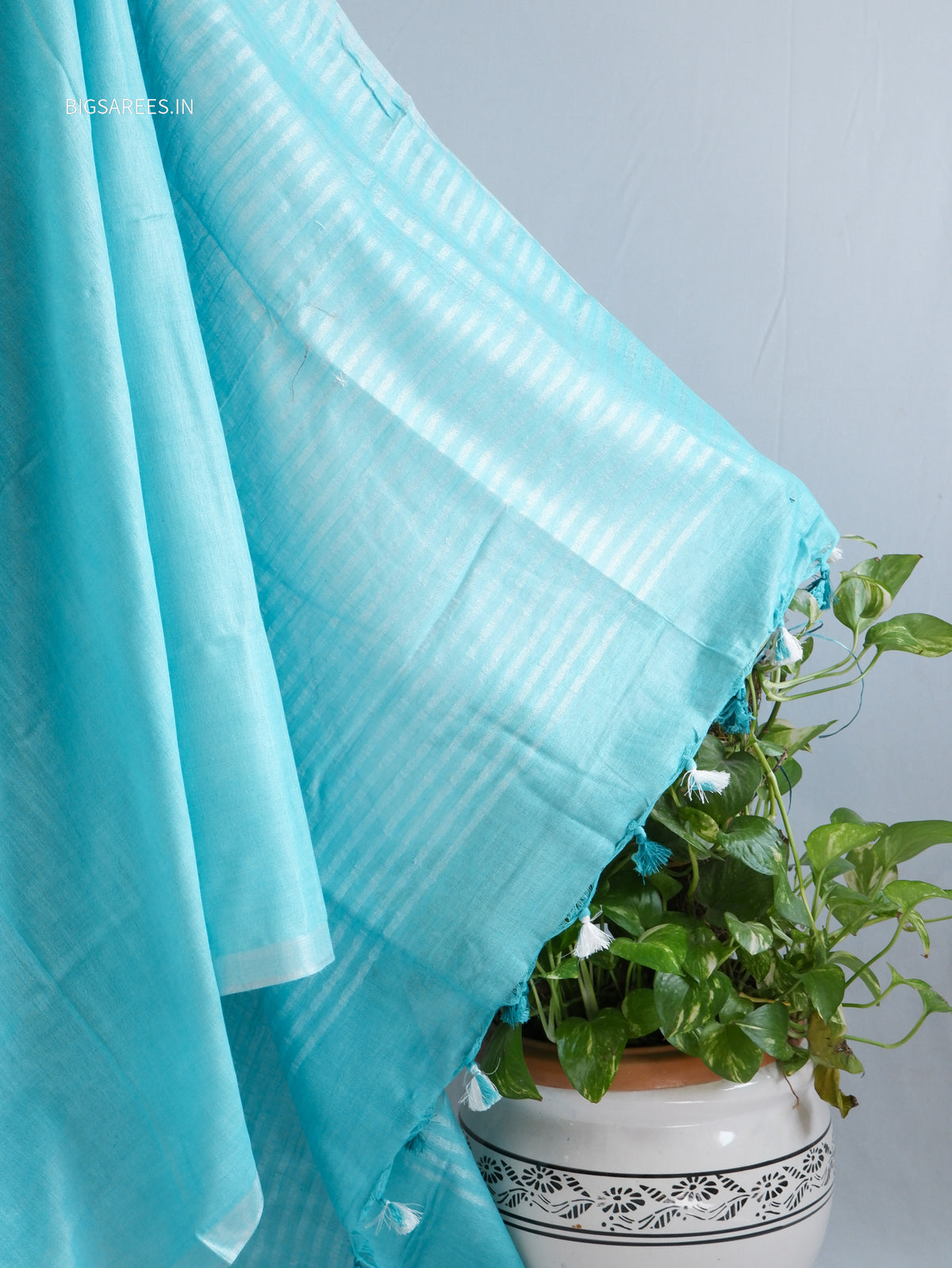 Hand-Embroidered Linen Saree | Cotton Linen | Light Blue