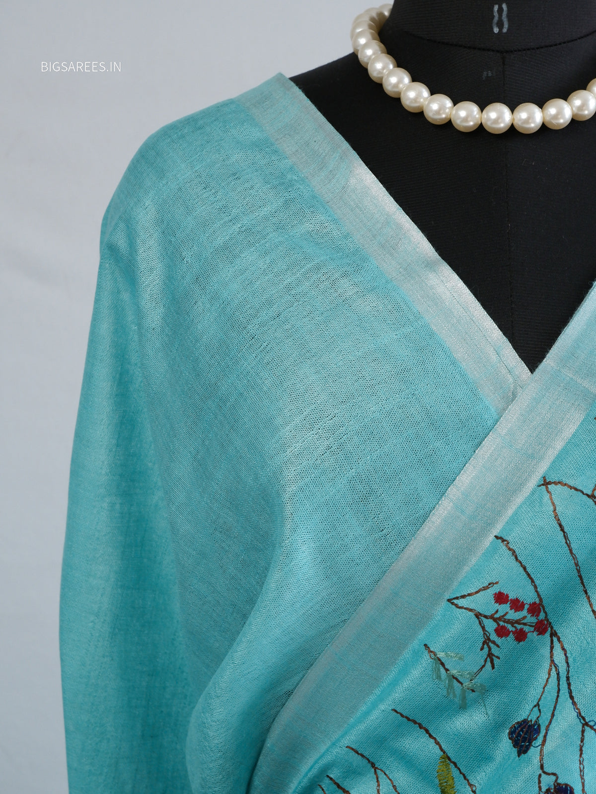 Hand-Embroidered Linen Saree | Cotton Linen | Light Blue