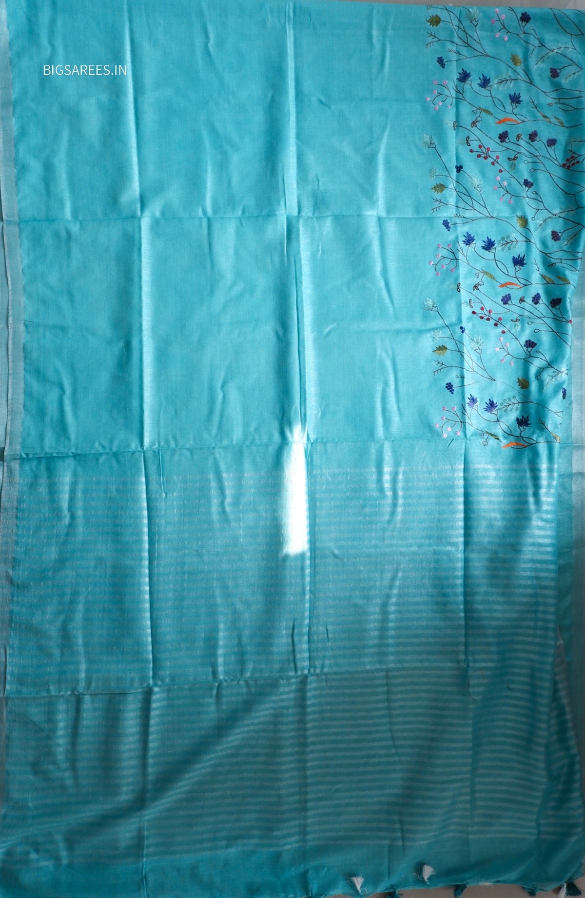 Hand-Embroidered Linen Saree | Cotton Linen | Light Blue
