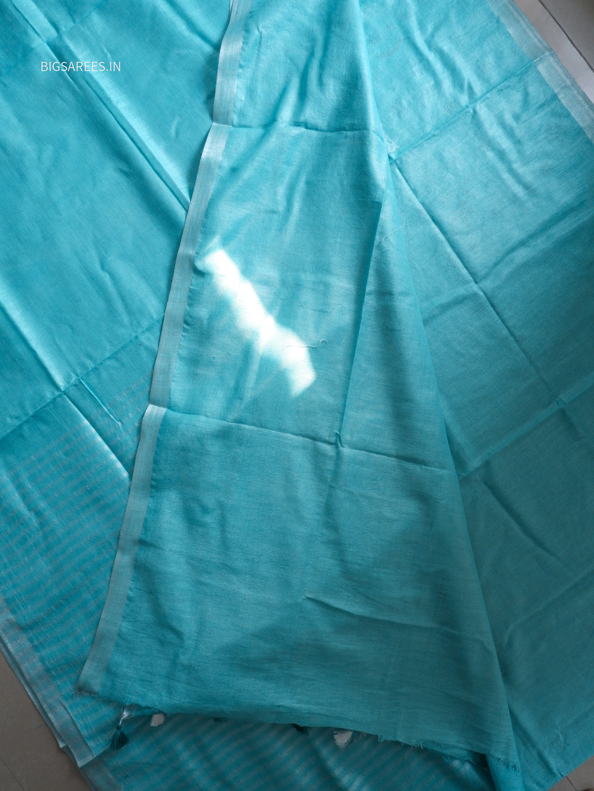 Hand-Embroidered Linen Saree | Cotton Linen | Light Blue