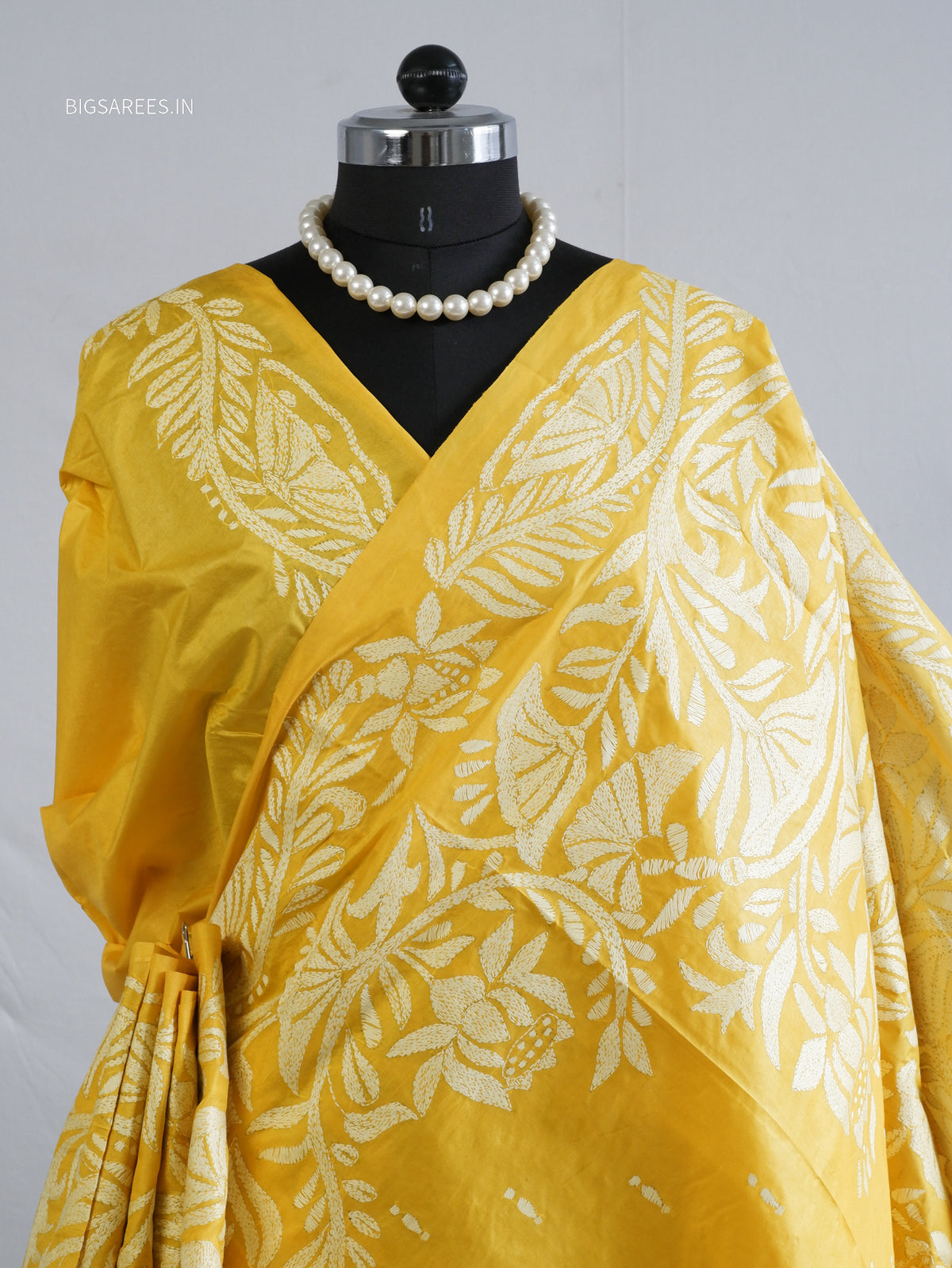 Kantha - Stitch Hand Embroidered Saree | Pure Bangalore Silk | Silk Mark Certified | Yellow