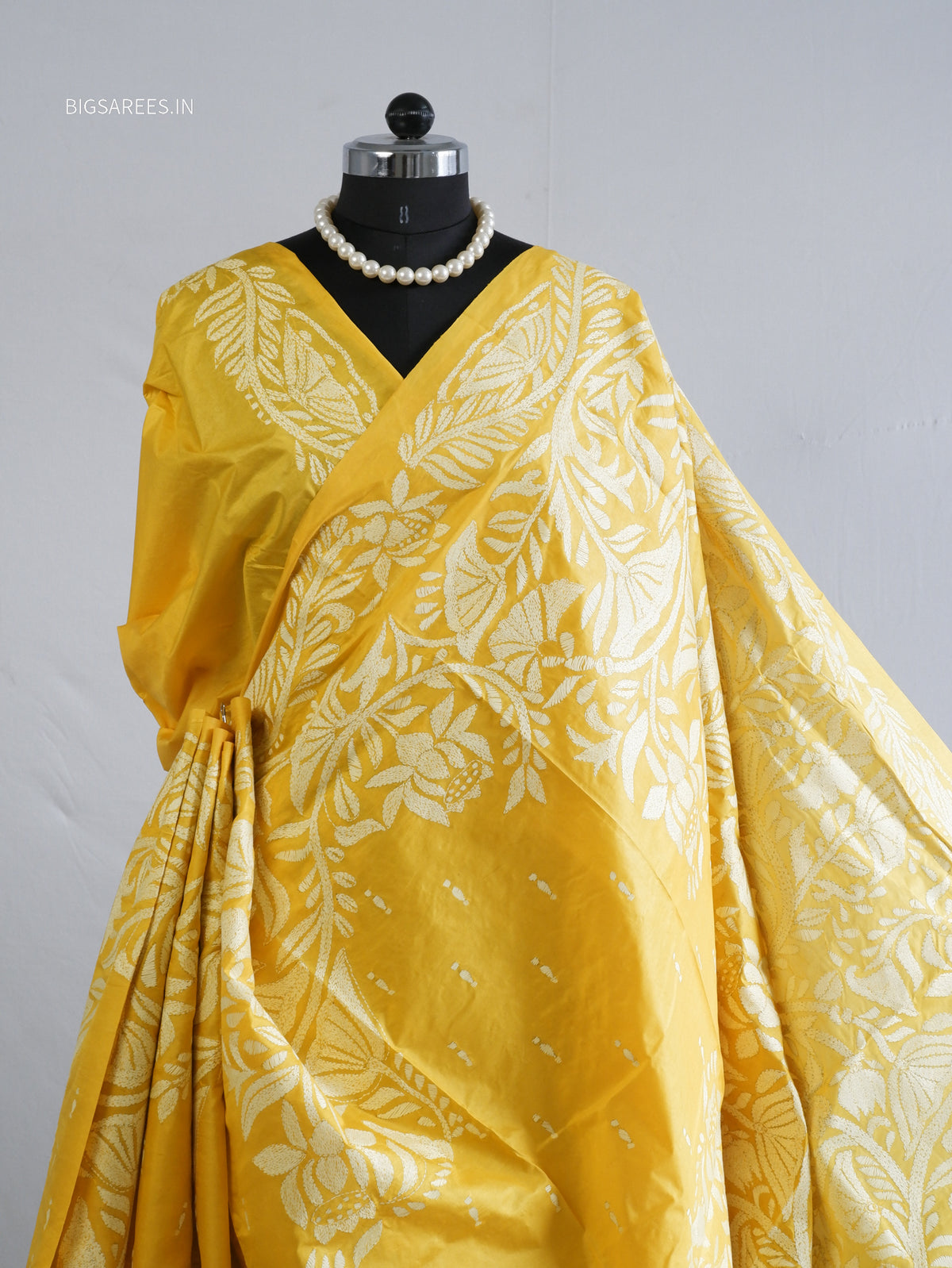 Kantha - Stitch Hand Embroidered Saree | Pure Bangalore Silk | Silk Mark Certified | Yellow