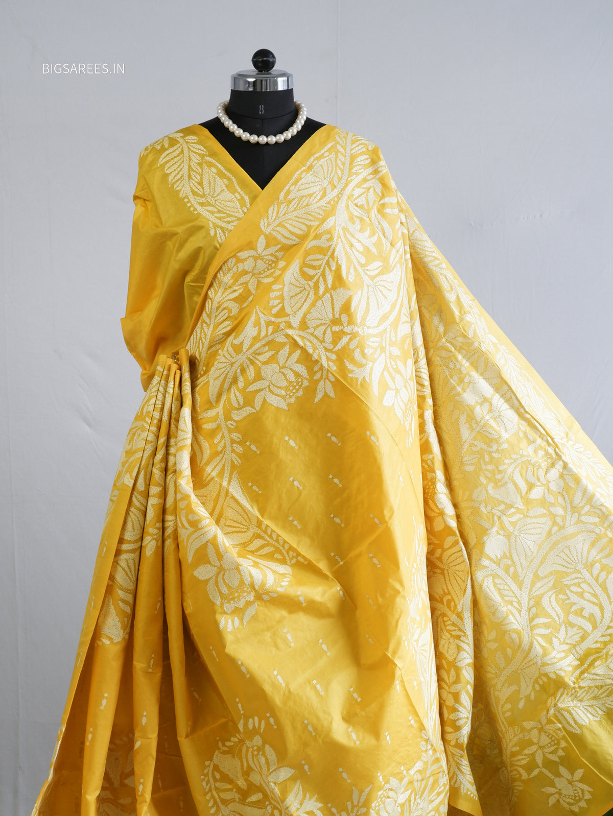 Kantha - Stitch Hand Embroidered Saree | Pure Bangalore Silk | Silk Mark Certified | Yellow