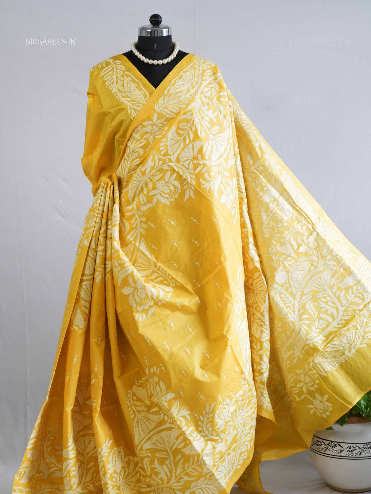 Kantha - Stitch Hand Embroidered Saree | Pure Bangalore Silk | Silk Mark Certified | Yellow