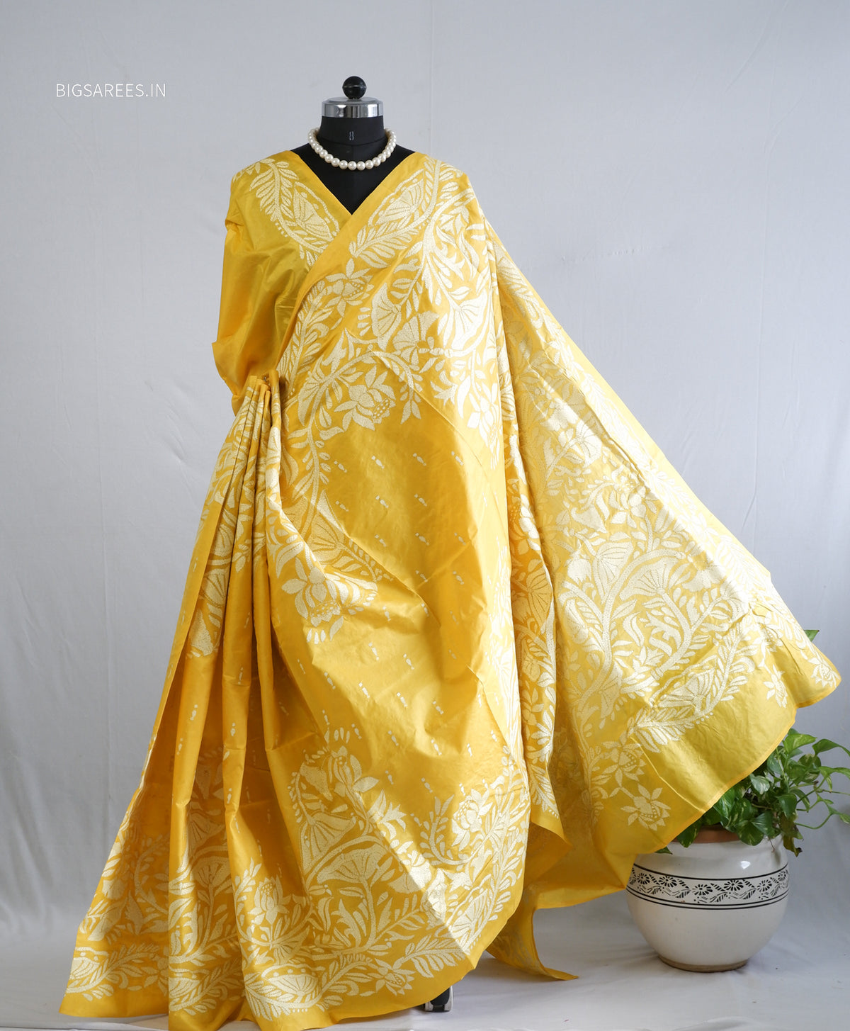 Kantha - Stitch Hand Embroidered Saree | Pure Bangalore Silk | Silk Mark Certified | Yellow
