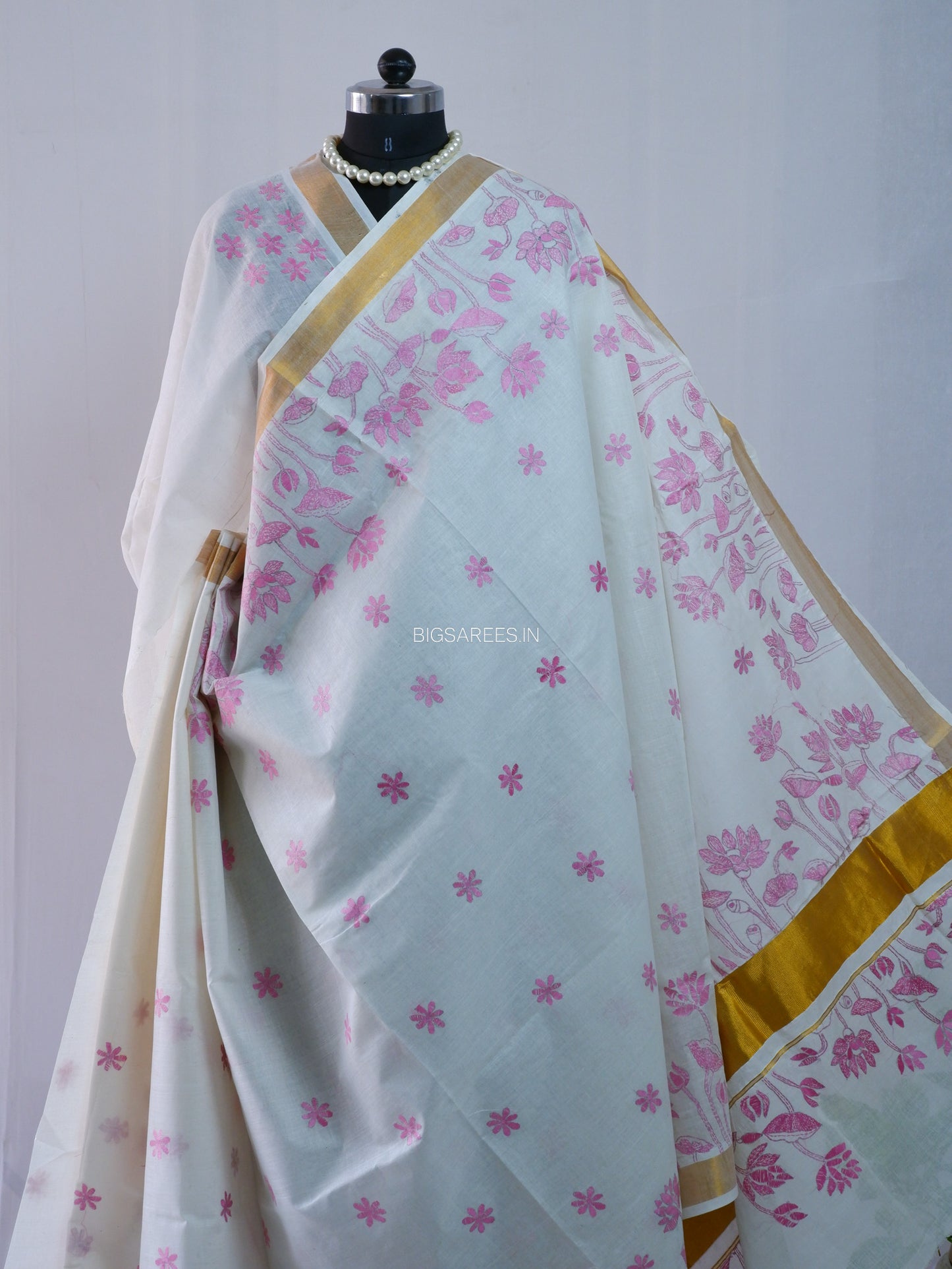 Kantha Stitch Hand Embroidered Saree | South Cotton |  White