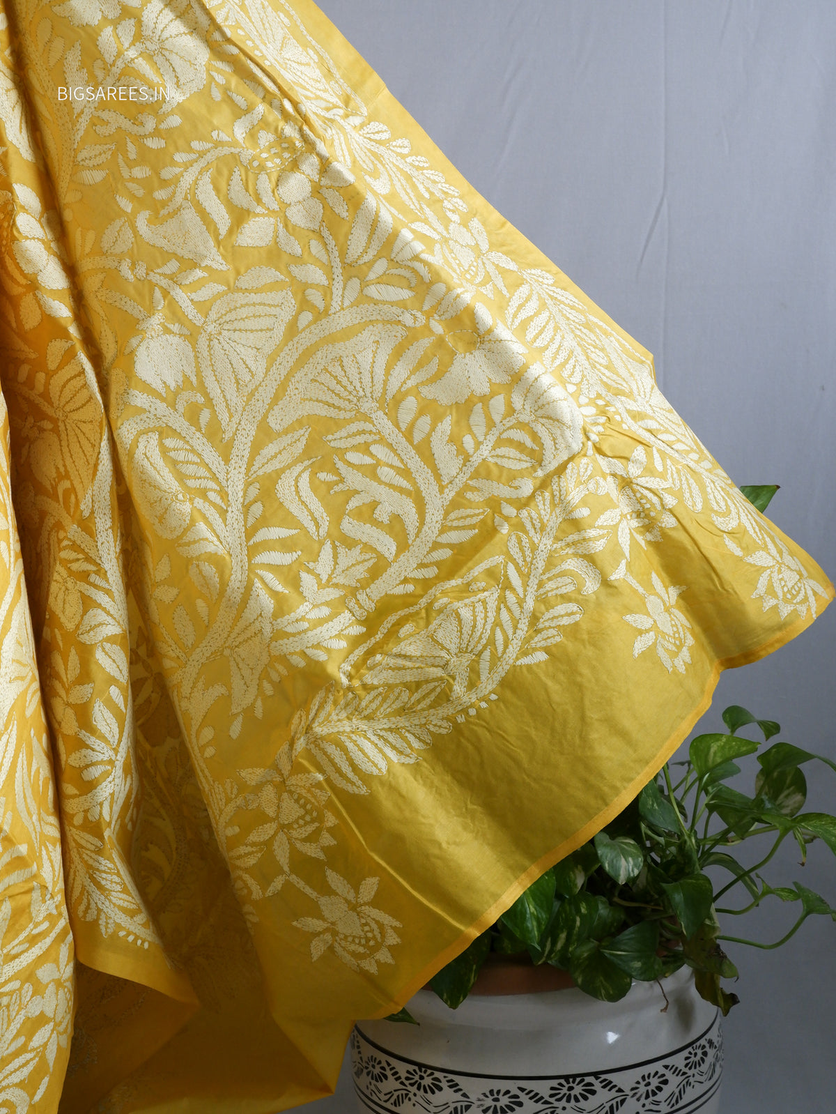Kantha - Stitch Hand Embroidered Saree | Pure Bangalore Silk | Silk Mark Certified | Yellow