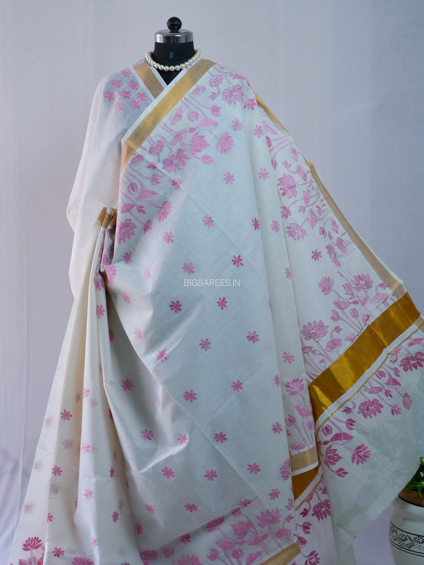 Kantha Stitch Hand Embroidered Saree | South Cotton |  White