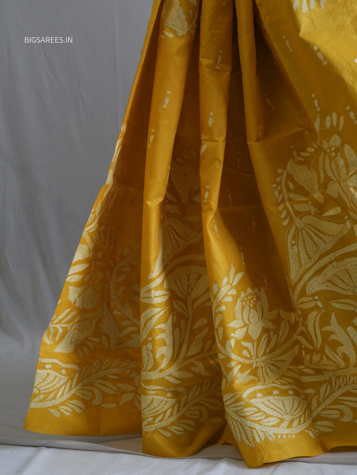 Kantha - Stitch Hand Embroidered Saree | Pure Bangalore Silk | Silk Mark Certified | Yellow