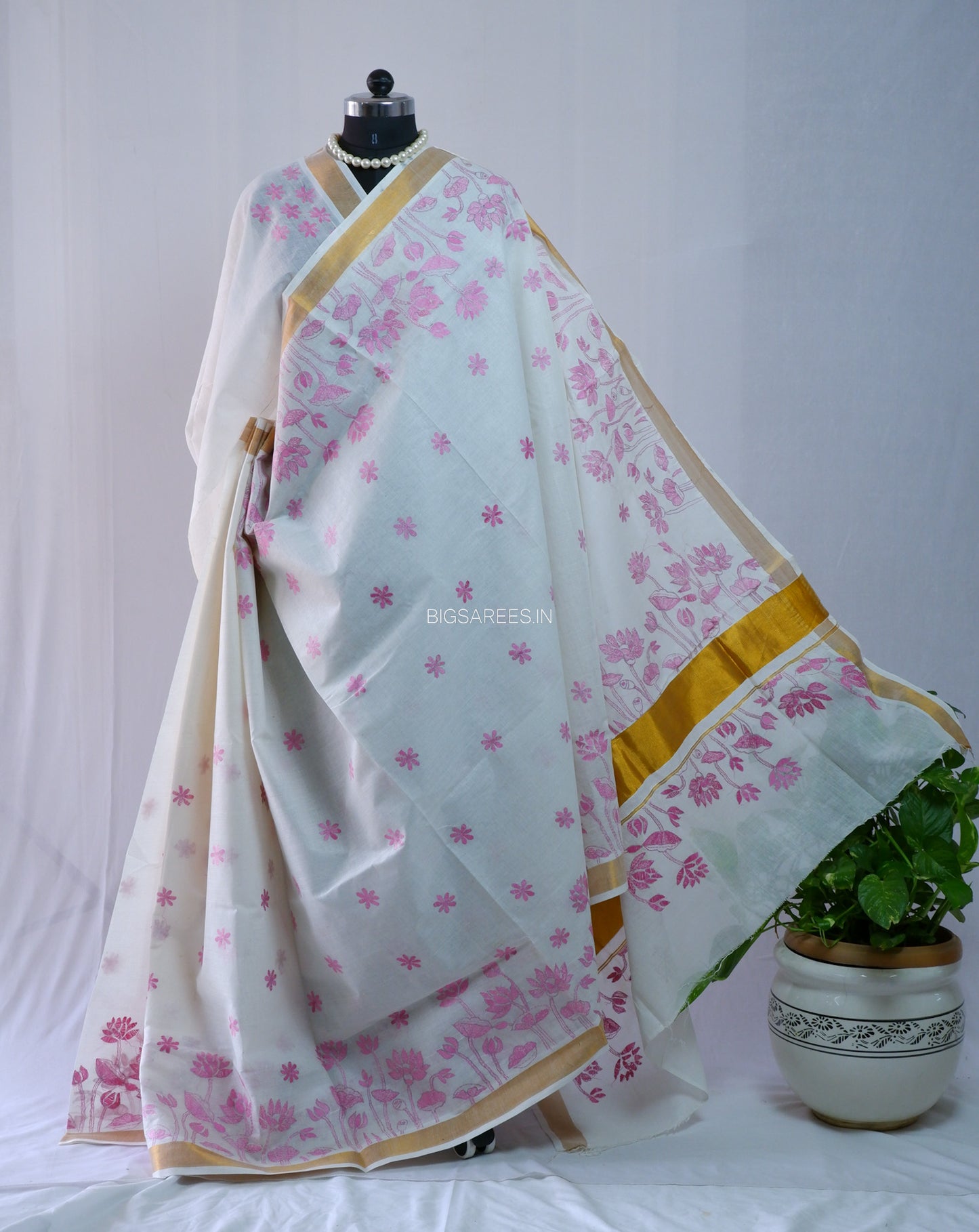Kantha Stitch Hand Embroidered Saree | South Cotton |  White