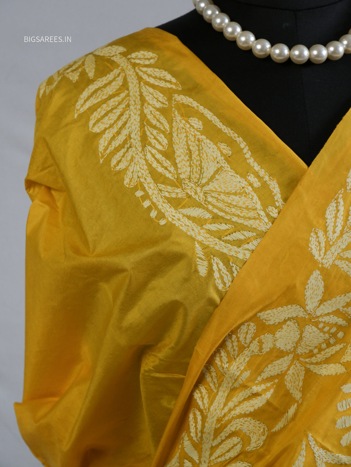 Kantha - Stitch Hand Embroidered Saree | Pure Bangalore Silk | Silk Mark Certified | Yellow