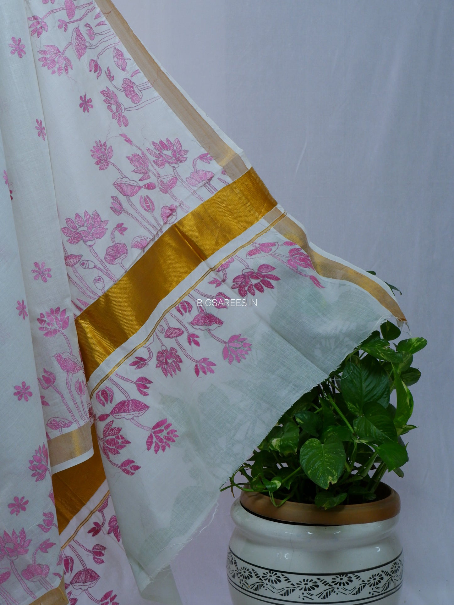Kantha Stitch Hand Embroidered Saree | South Cotton |  White