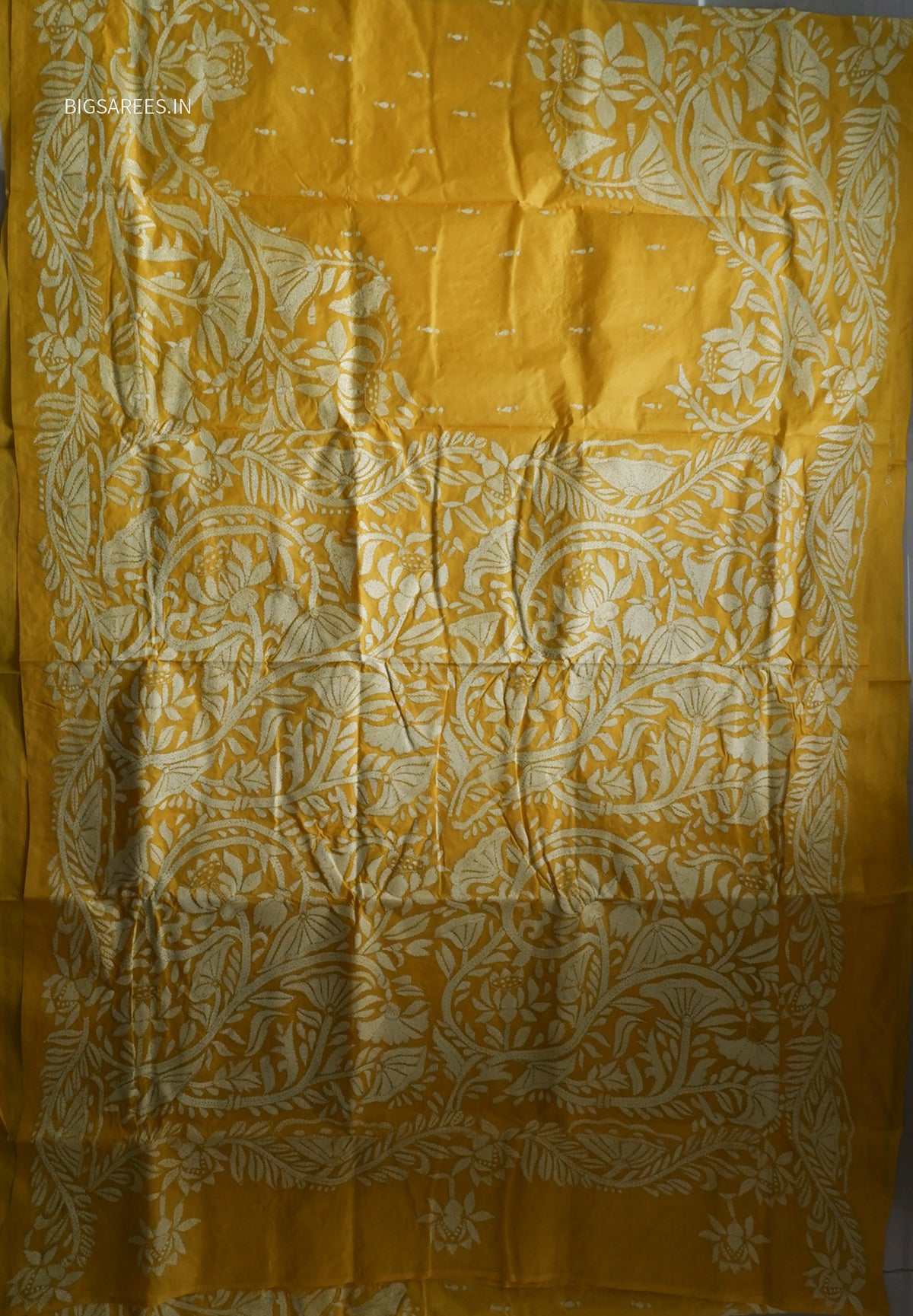 Kantha - Stitch Hand Embroidered Saree | Pure Bangalore Silk | Silk Mark Certified | Yellow