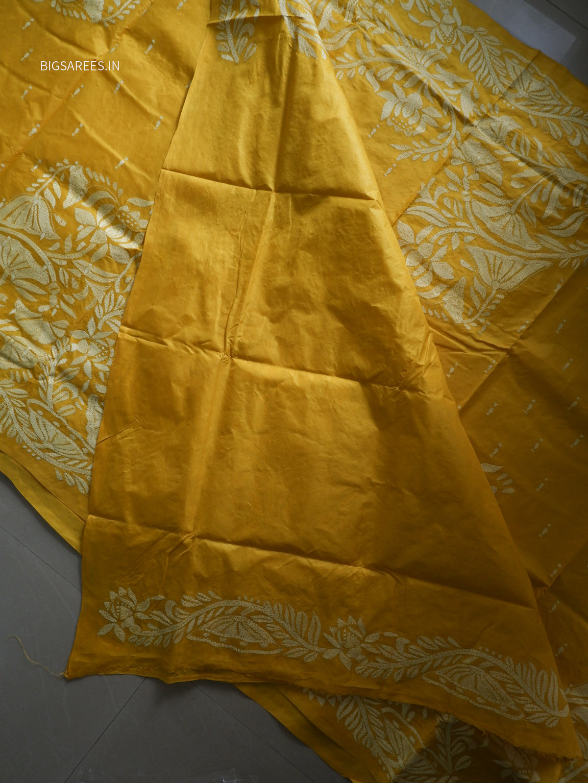 Kantha - Stitch Hand Embroidered Saree | Pure Bangalore Silk | Silk Mark Certified | Yellow