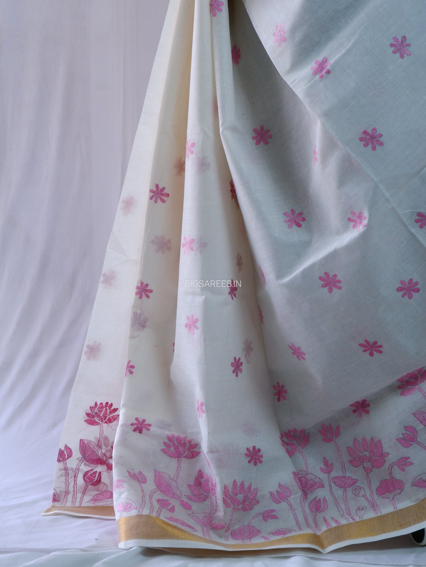 Kantha Stitch Hand Embroidered Saree | South Cotton |  White