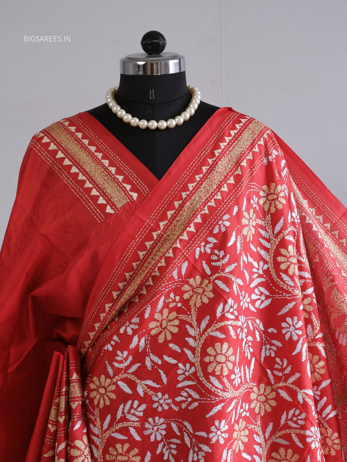 Kantha - Stitch Hand Embroidered Saree | Pure Bangalore Silk | Silk Mark Certified | Red
