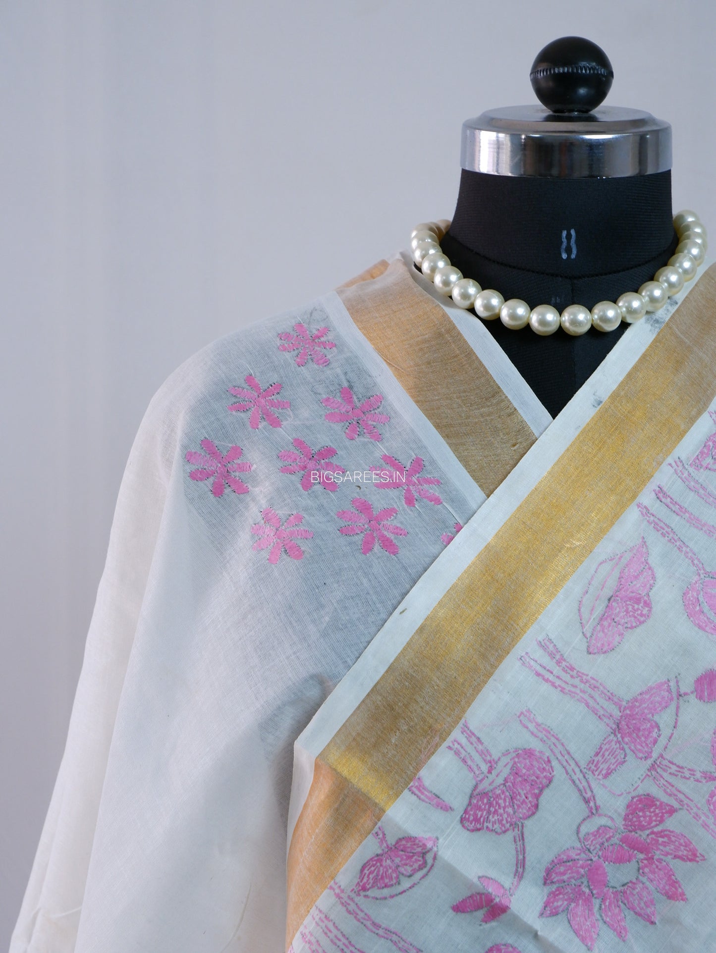 Kantha Stitch Hand Embroidered Saree | South Cotton |  White