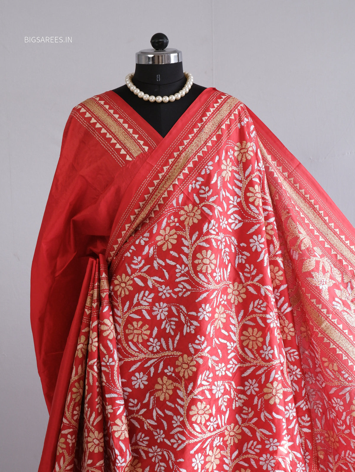 Kantha - Stitch Hand Embroidered Saree | Pure Bangalore Silk | Silk Mark Certified | Red