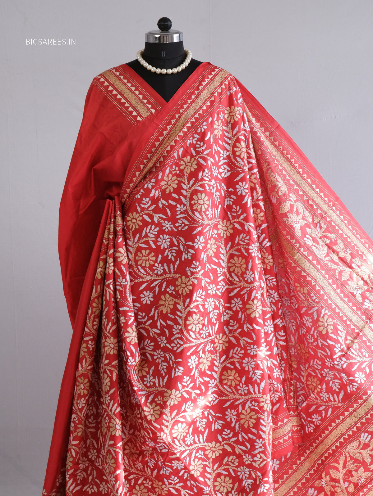 Kantha - Stitch Hand Embroidered Saree | Pure Bangalore Silk | Silk Mark Certified | Red
